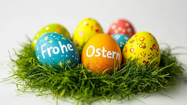 Bunte Ostereier in grünem Gras - Frohe Ostern Dekoration