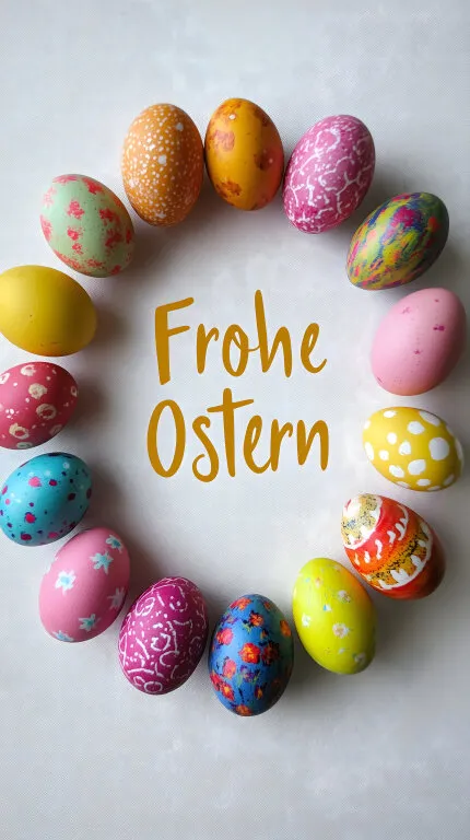 Bunte Ostereier in Kranzform mit Frohe-Ostern-Schriftzug