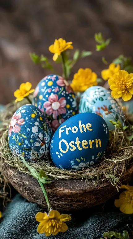 Bunte Ostereier in naturnahem Nest