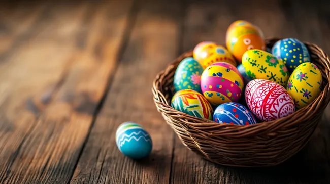 Bunte Ostereier in rustikalem Holzkorb