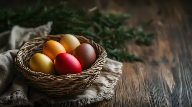 Bunte Ostereier in rustikalem Korbgeflecht