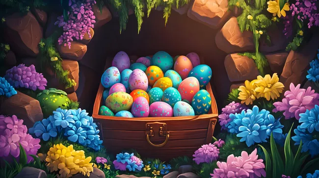 Bunte Ostereier in Schatzkiste umgeben von Frühlingsblumen