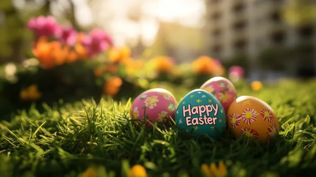 Bunte Ostereier in sommerlicher Graslandschaft