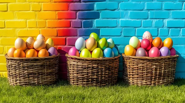 Bunte Ostereier in Weidenkörben vor Regenbogen-Wand