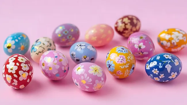 Bunte Ostereier mit Blumendekor auf rosa Hintergrund