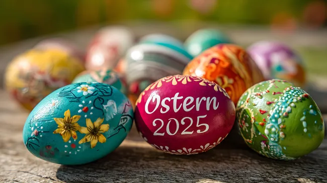 Bunte Ostereier mit Blumendekor und Jahreszahl 2025