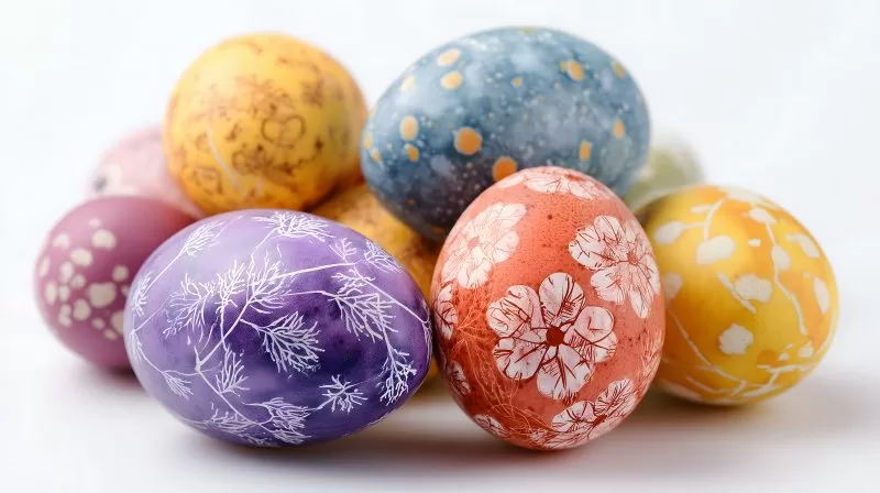 Bunte Ostereier mit floralen Mustern auf weißem Hintergrund