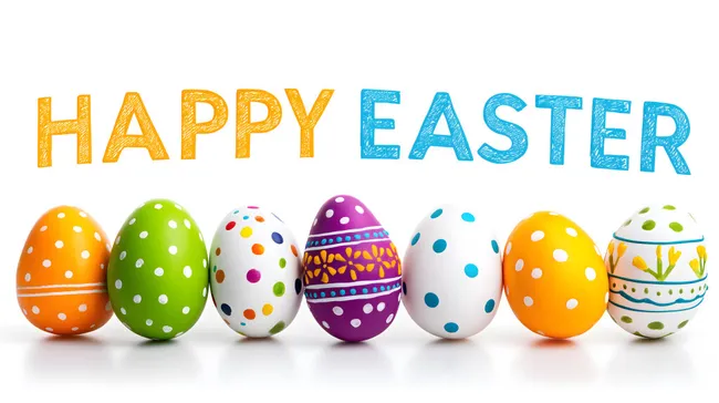 Bunte Ostereier mit fröhlichem Schriftzug