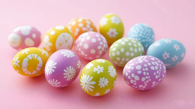 Bunte Ostereier mit Punkten und Blumen auf rosa Hintergrund