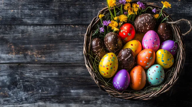 Bunte Ostereier und Blumen in rustikalem Korb