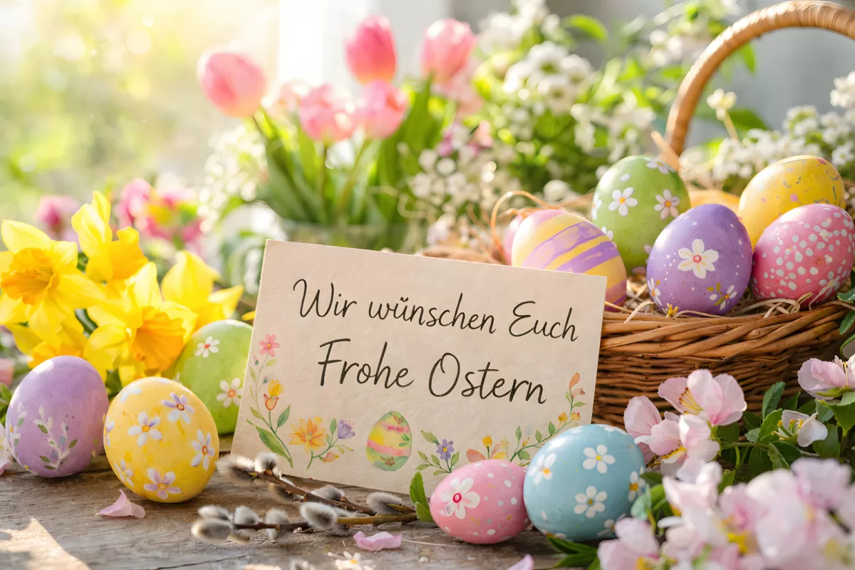 Bunte Ostereier und Blumen zum Ostergruß