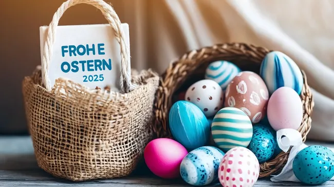 Bunte Ostereier und Jutetasche in rustikaler Szenerie