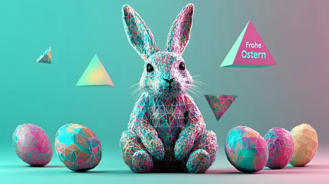 Bunte Osterfigur und Eier im geometrischen Stil