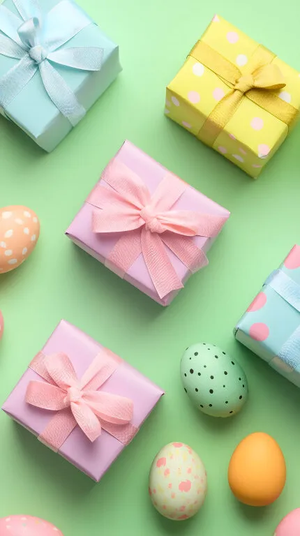 Bunte Ostergeschenke und Ostereier auf grünem Hintergrund