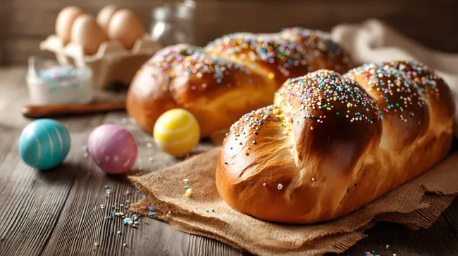 Bunte Osterhasen-Brötchen mit bunten Eiern