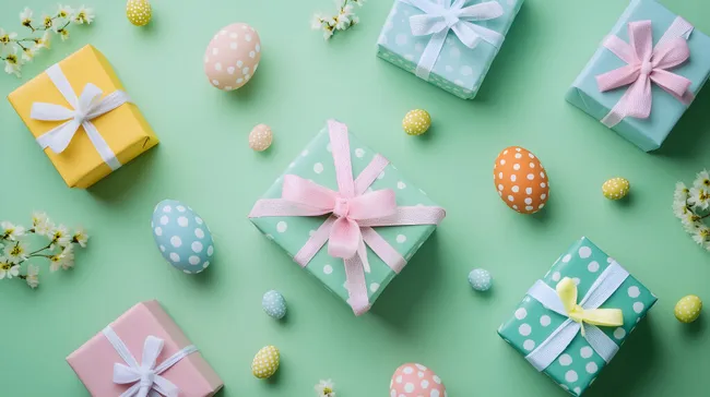 Bunte Ostern-Geschenke und Dekorationen auf Pastellgrün