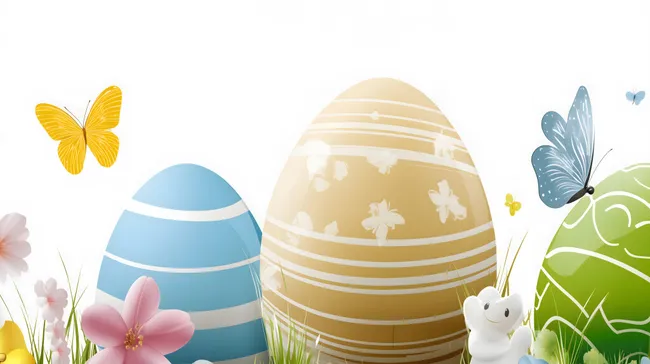 Bunte Ostersymbole und Schmetterlinge auf weißem Hintergrund