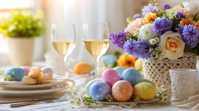 Bunte Ostertischdekorationen mit Blumen und Eiern