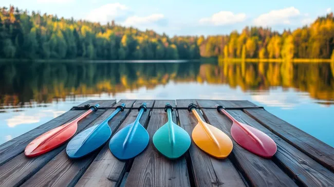 Bunte Paddelboote am ruhigen See im Herbst