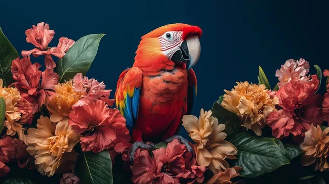 Bunte Papageien-Nahaufnahme auf leuchtenden Blumen