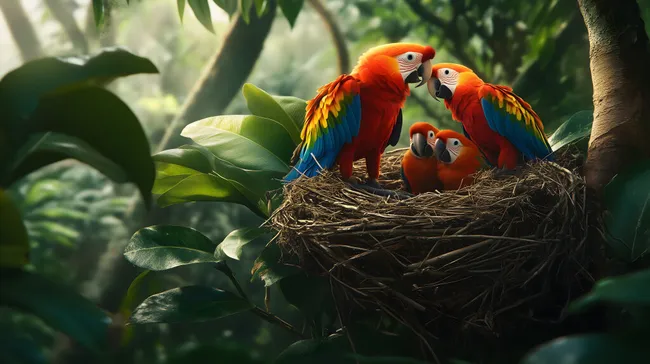 Bunte Papageienfamilie im tropischen Dschungel