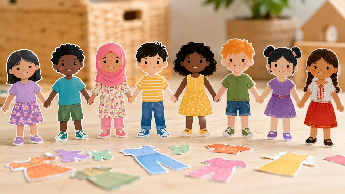 Bunte Papierausschnitt-Kinder halten sich an den Händen