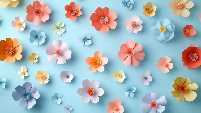 Bunte Papierblumen auf pastellfarbenem Hintergrund