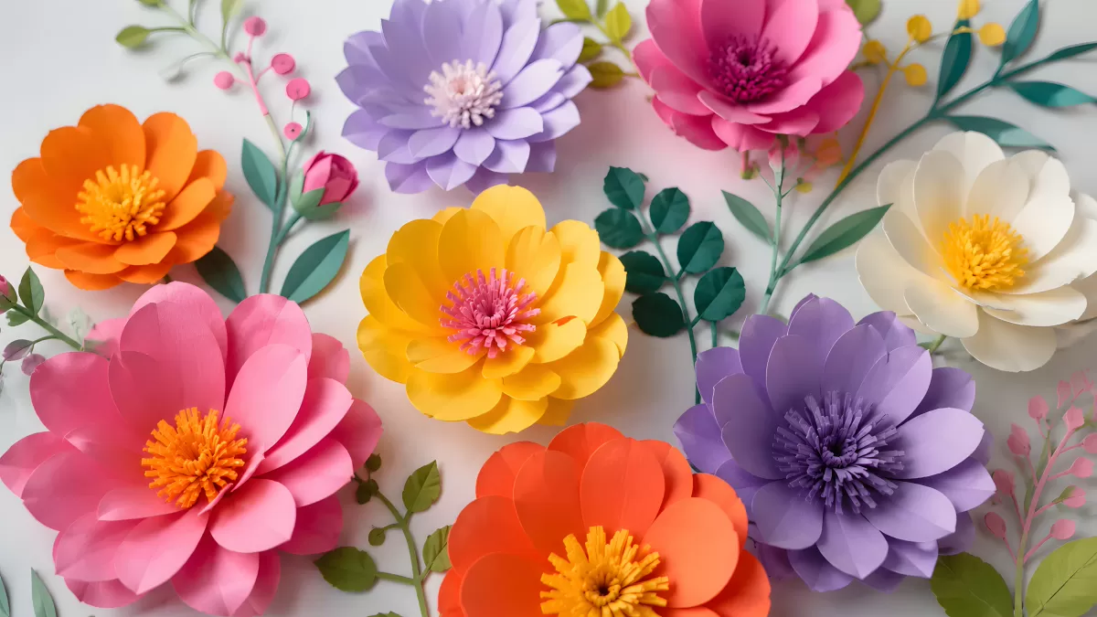Bunte Papierblumen in Frühlings-Flachlage-Komposition