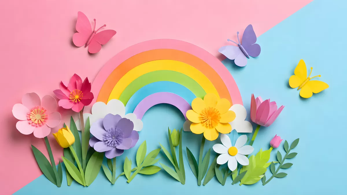 Bunte Papierblumen mit Regenbogen und Schmetterlinge