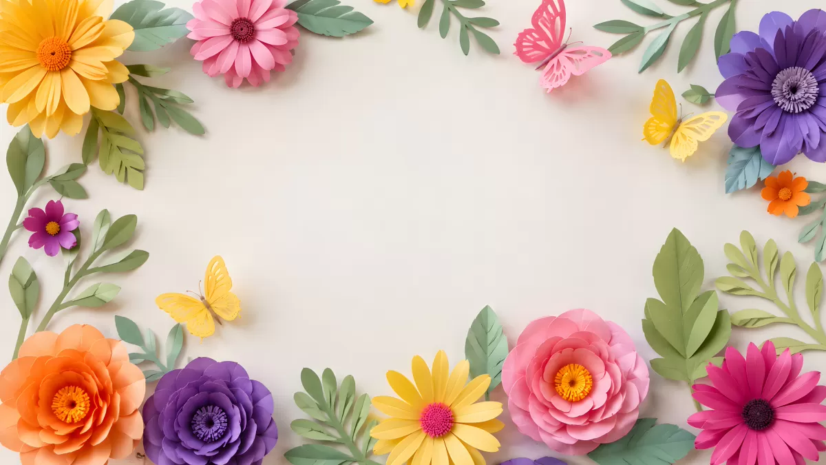 Bunte Papierblumen und Schmetterlinge als Rahmen