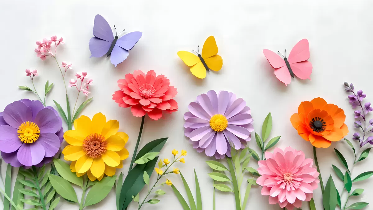 Bunte Papierblumen und Schmetterlinge auf weißem Grund