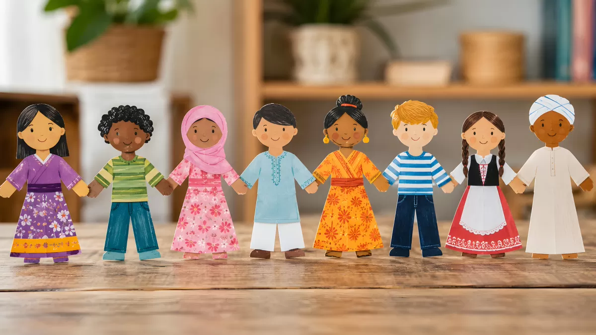 Bunte Papierfiguren aus aller Welt halten sich an den Händen