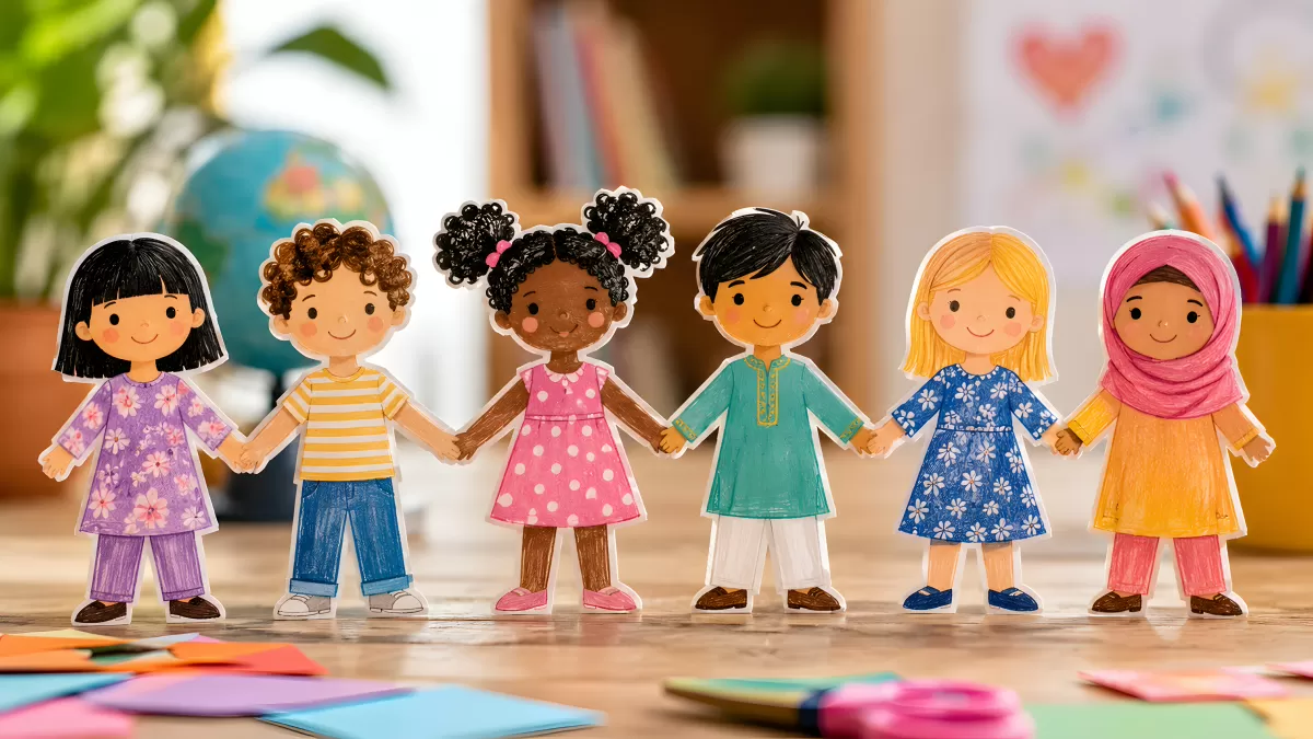 Bunte Papierfiguren Kinder aus aller Welt halten Hände