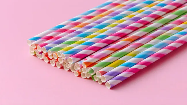 Bunte Papierstrohhalme in verschiedenen Farben auf rosa Hintergrund