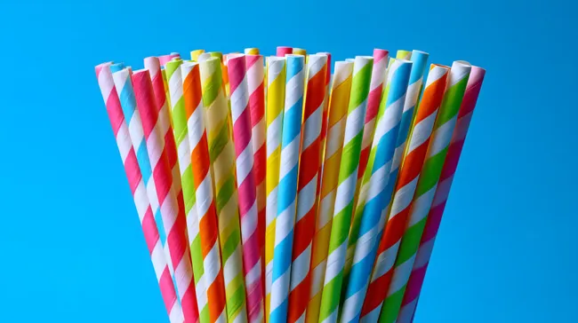 Bunte Papierstrohhalme vor blauem Hintergrund