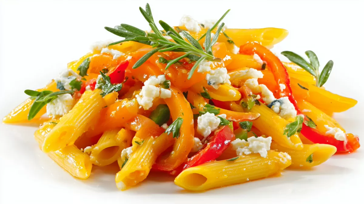 Bunte Paprika Pasta in Sahnesauce mit Feta und Rosmarin