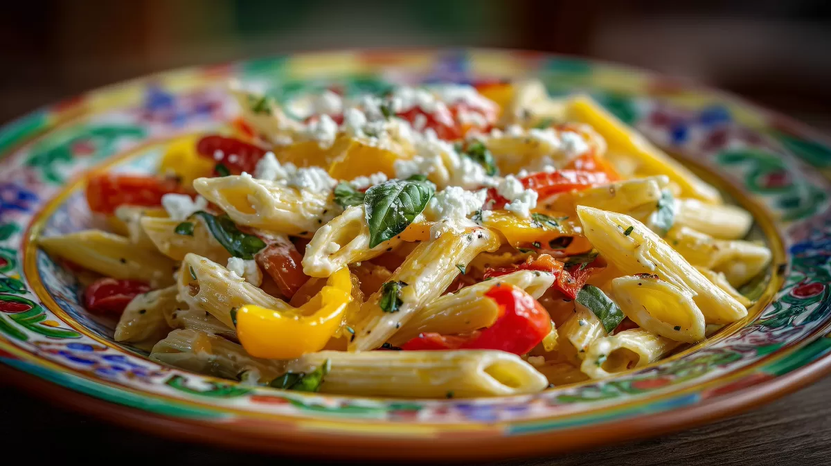 Bunte Paprika Pasta in Sahnesauce mit Fetakäse