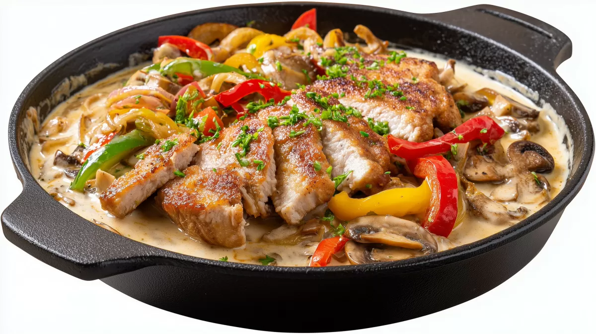 Bunte Paprika-Pilz-Pfanne mit zartem Schnitzel