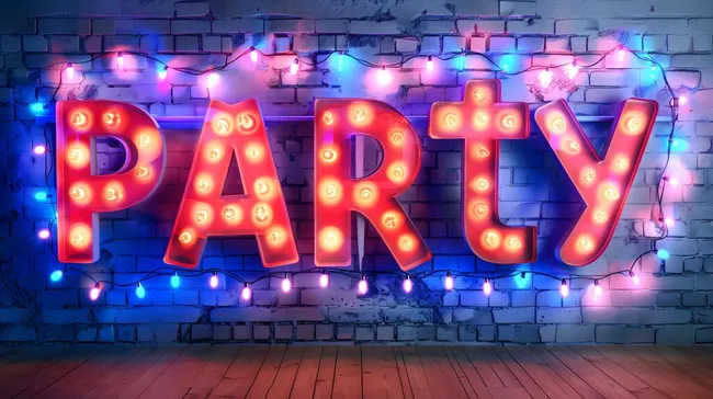 Bunte Party-Beleuchtung mit Lichterketten an Ziegelwand