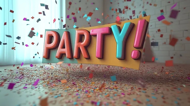 Bunte Party-Dekoration mit Konfetti und Textlogo