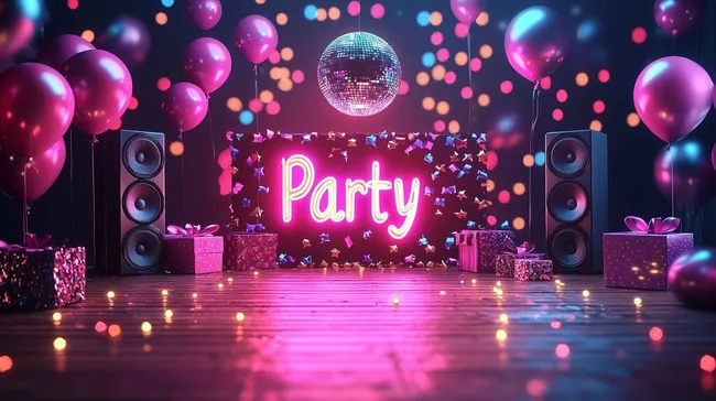 Bunte Partydekorationen mit Discokugel und Ballons