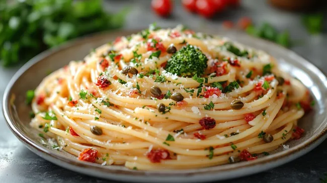 Bunte Pasta mit Brokkoli, Kapern und Tomaten