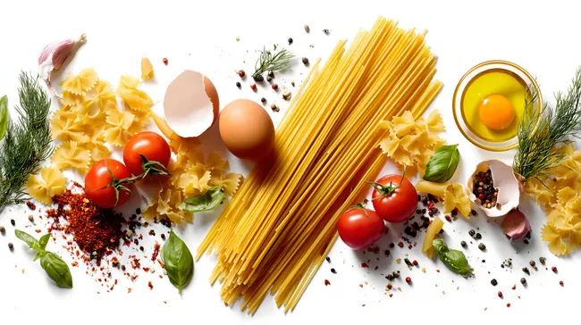 Bunte Pasta-Zutaten auf weißem Hintergrund