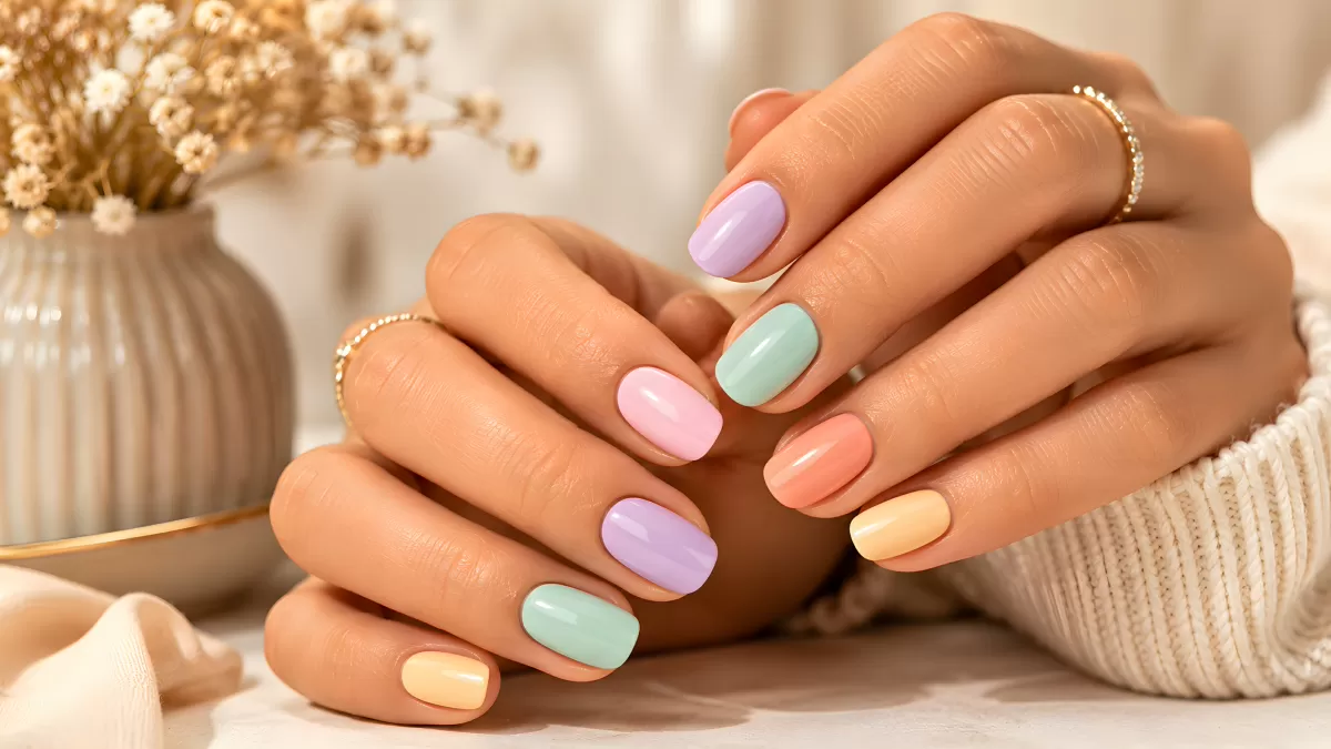 Bunte Pastell-Nägel in Regenbogenfarben gepflegt