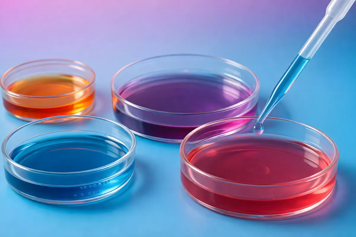 Bunte Petrischalen mit Flüssigkeiten in Labor-Optik