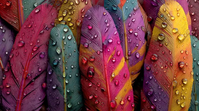 Bunte Pfauenfedern mit Wassertropfen