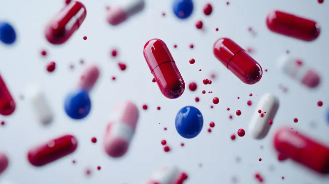 Bunte Pillen schweben vor weißem Hintergrund