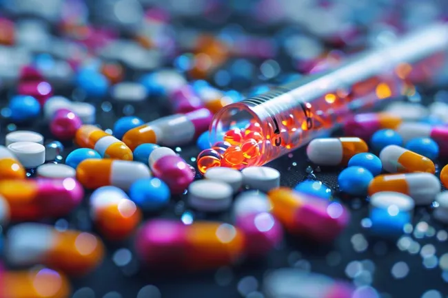 Bunte Pillen und Medikamente in Nahaufnahme