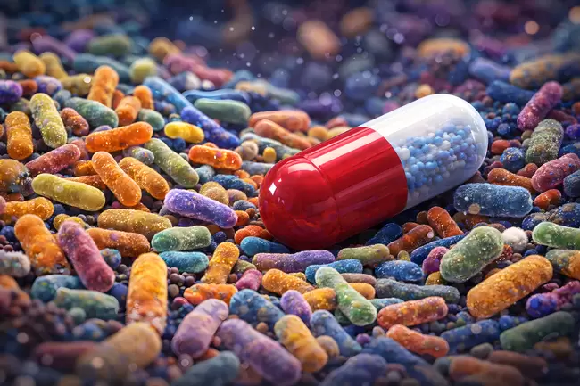 Bunte Pillen und Vitaminpräparate vor buntem Hintergrund