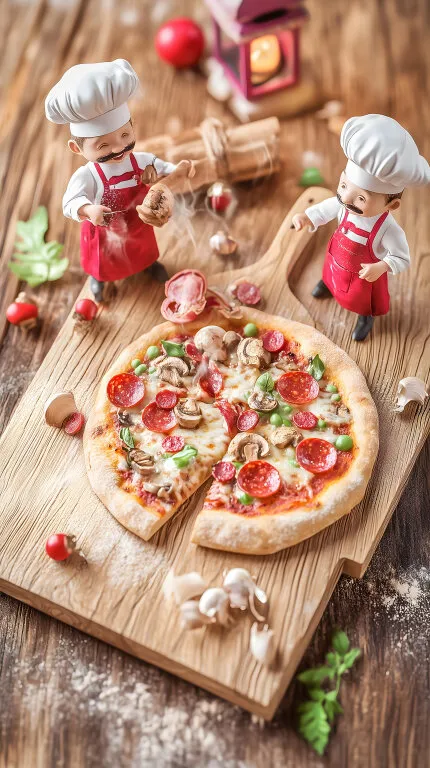 Bunte Pizza mit Pilzen und Salami auf rustikalem Holzbrett
